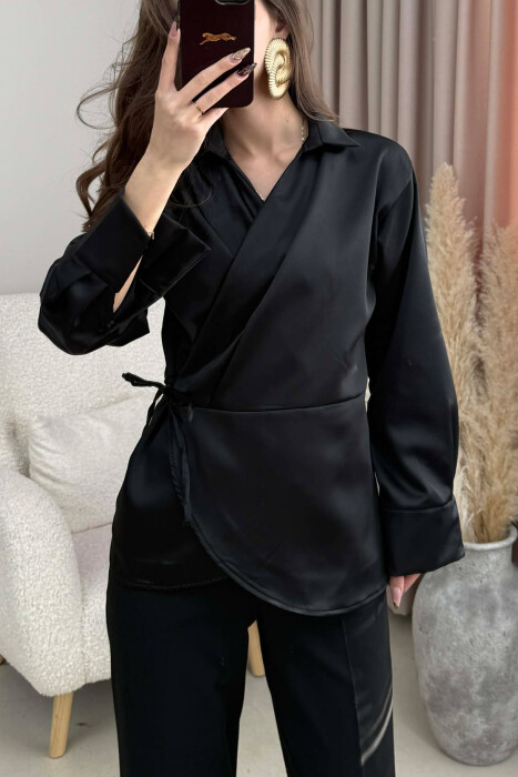 ONE COLOR LACINGS WOMEN SHIRT BLACK/ E ZEZE - KLAUDIO FASHION