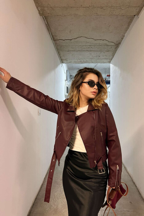 ONE COLOR LEATHER BELTED WOMEN JACKET BURGUNDY/VISHNJE 