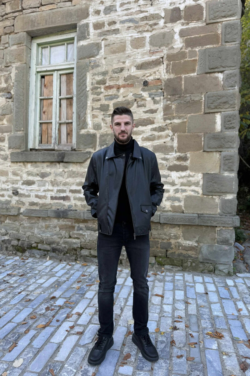 ONE COLOR LEATHER BIKER MEN JACKET BLACK/ E ZEZE - 1