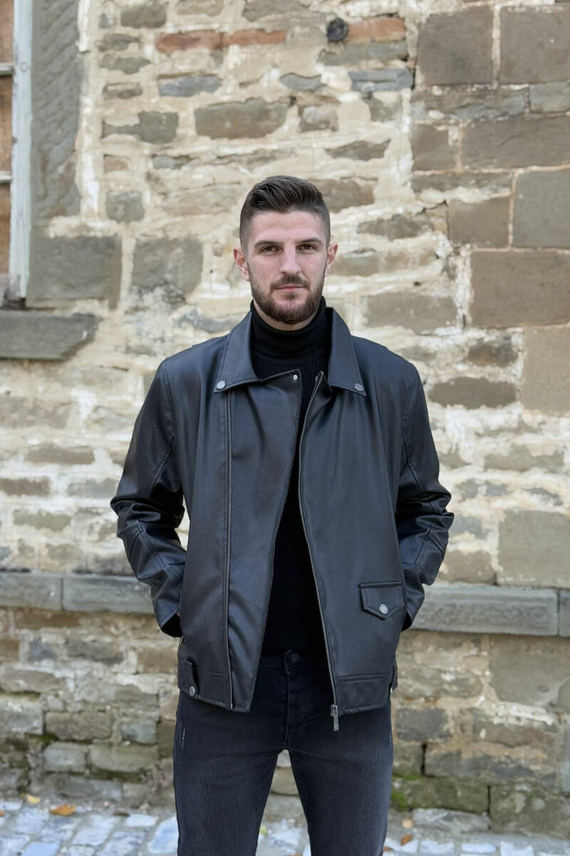 ONE COLOR LEATHER BIKER MEN JACKET BLACK/ E ZEZE - 2