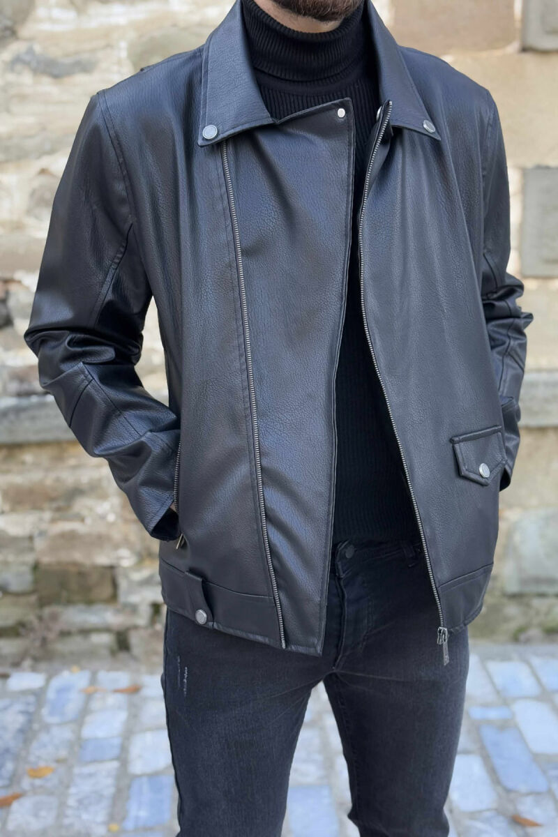 ONE COLOR LEATHER BIKER MEN JACKET BLACK/ E ZEZE - 3