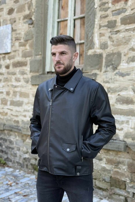 ONE COLOR LEATHER BIKER MEN JACKET BLACK/ E ZEZE - 4