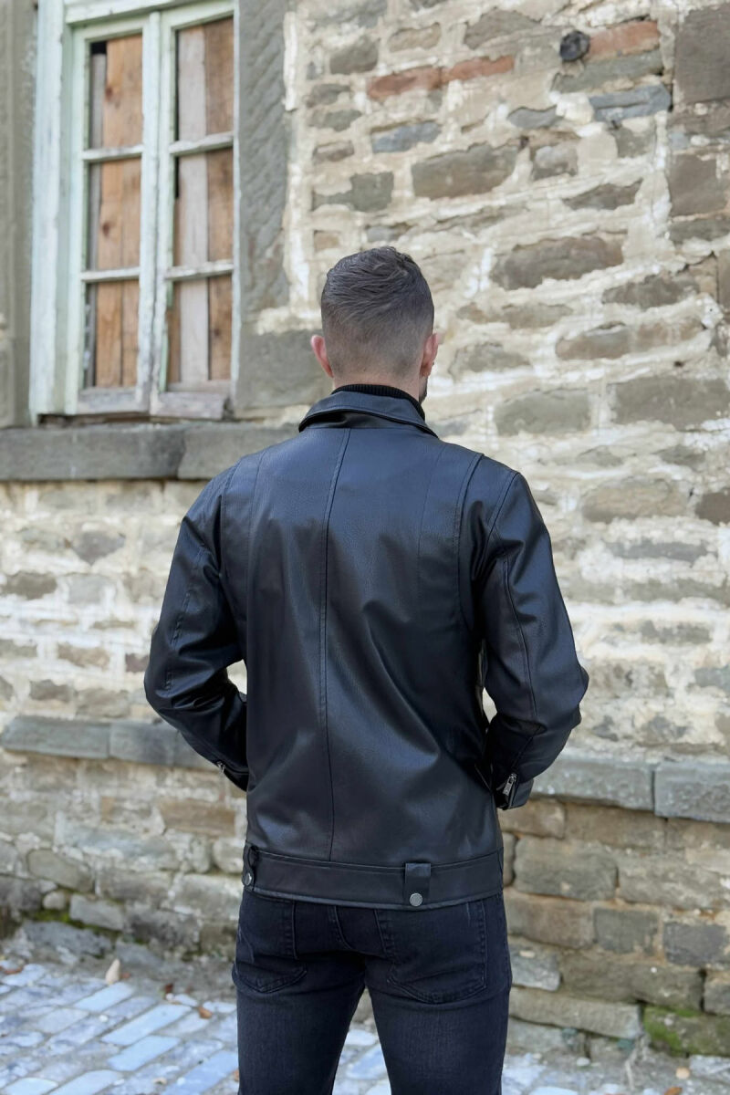 ONE COLOR LEATHER BIKER MEN JACKET BLACK/ E ZEZE - 5
