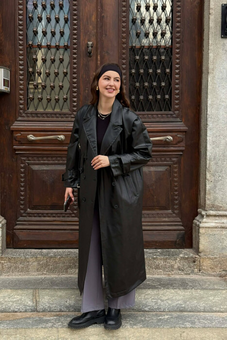 ONE COLOR LEATHER BUTTONED BELT DETAIL LONG WOMAN COAT BLACK/ E ZEZE - KLAUDIO FASHION