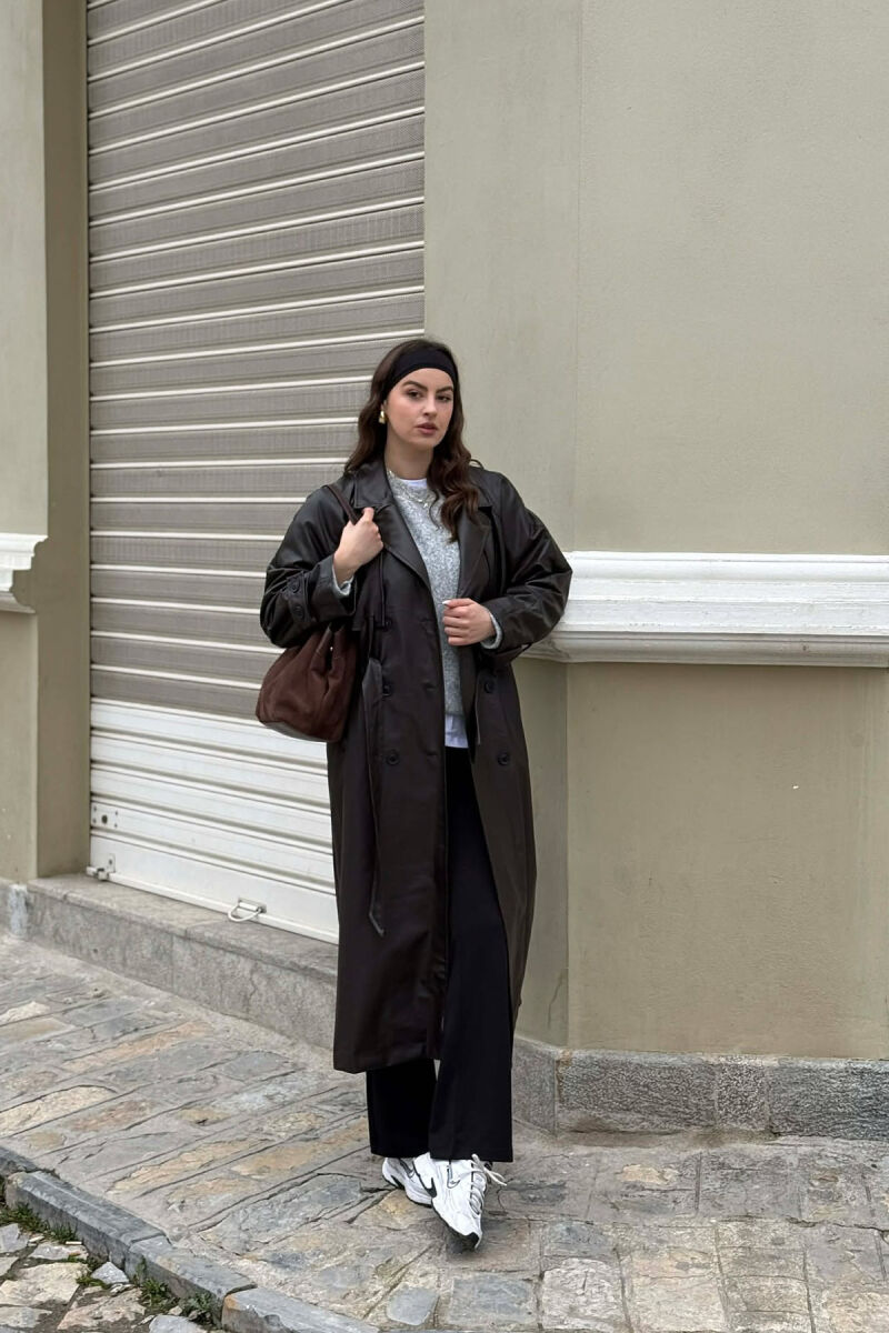 ONE COLOR LEATHER BUTTONED BELT DETAIL LONG WOMAN COAT BROWN/KAFE - 7