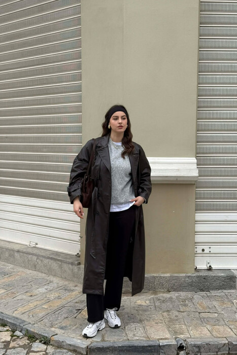 ONE COLOR LEATHER BUTTONED BELT DETAIL LONG WOMAN COAT BROWN/KAFE - 8