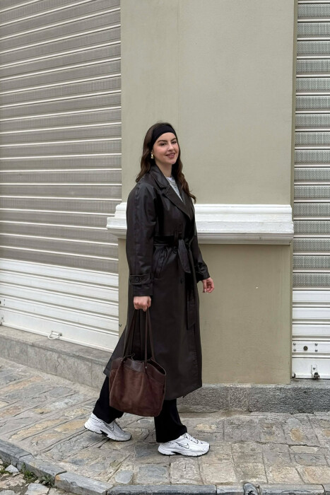 ONE COLOR LEATHER BUTTONED BELT DETAIL LONG WOMAN COAT BROWN/KAFE - 9