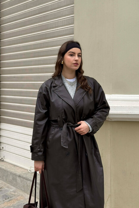 ONE COLOR LEATHER BUTTONED BELT DETAIL LONG WOMAN COAT BROWN/KAFE - 10