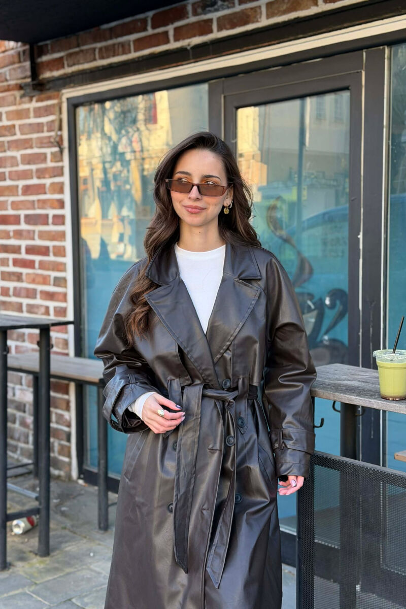 ONE COLOR LEATHER BUTTONED BELT DETAIL LONG WOMAN COAT BROWN/KAFE - 1