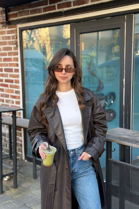 ONE COLOR LEATHER BUTTONED BELT DETAIL LONG WOMAN COAT BROWN/KAFE - 4