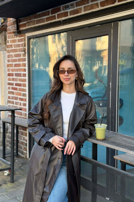 ONE COLOR LEATHER BUTTONED BELT DETAIL LONG WOMAN COAT BROWN/KAFE - 5