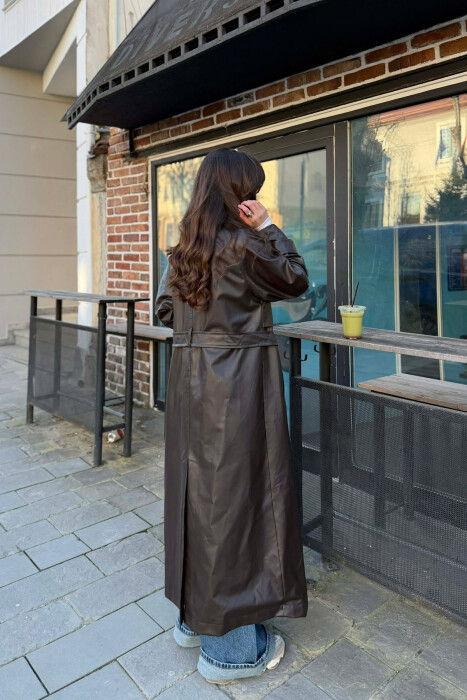 ONE COLOR LEATHER BUTTONED BELT DETAIL LONG WOMAN COAT BROWN/KAFE - 6