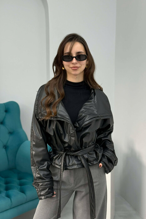 ONE COLOR LEATHER LACING WOMEN JACKET BLACK/ E ZEZE - 3