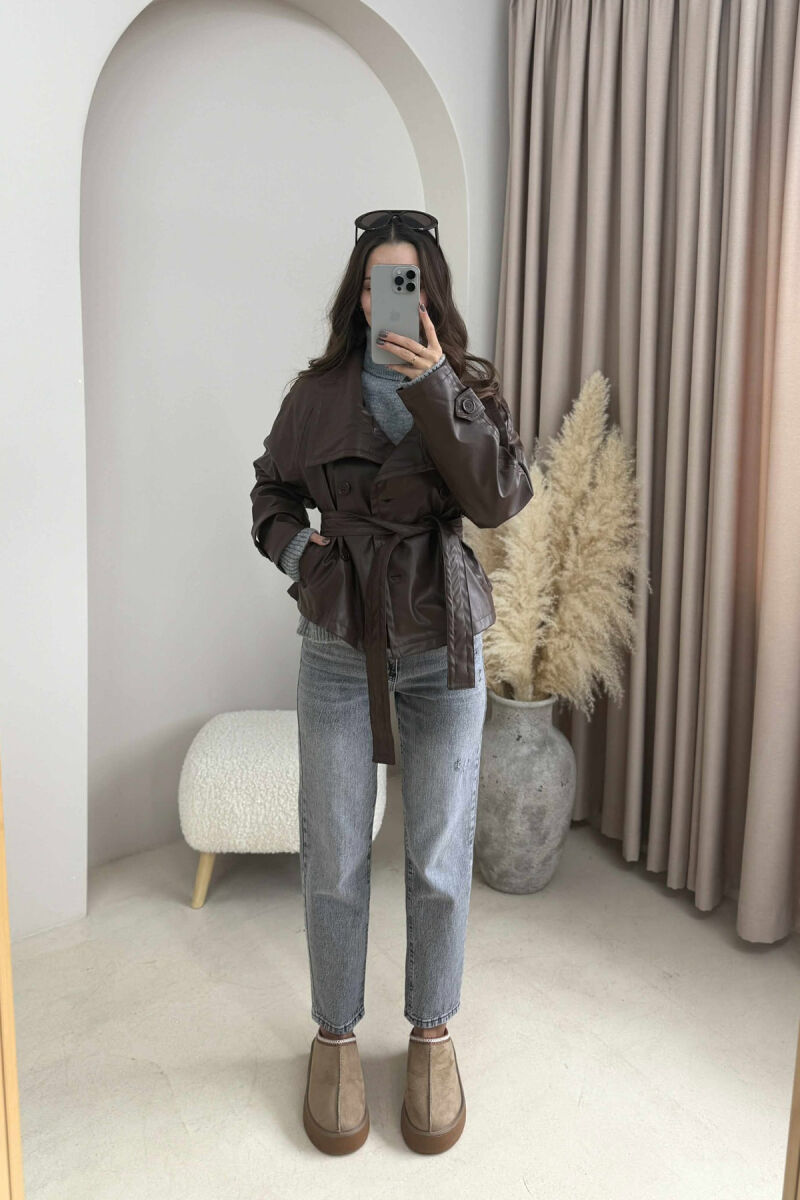 ONE COLOR LEATHER LACING WOMEN JACKET BROWN/KAFE - 1