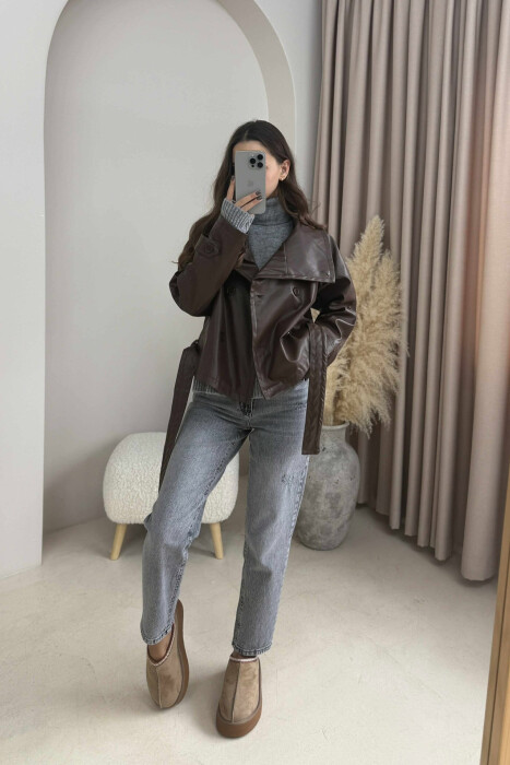 ONE COLOR LEATHER LACING WOMEN JACKET BROWN/KAFE - 4