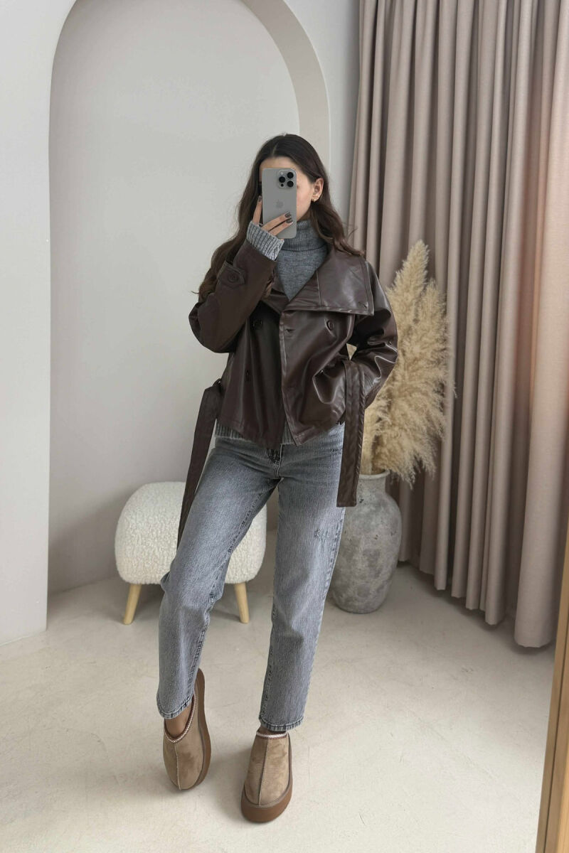 ONE COLOR LEATHER LACING WOMEN JACKET BROWN/KAFE - 4