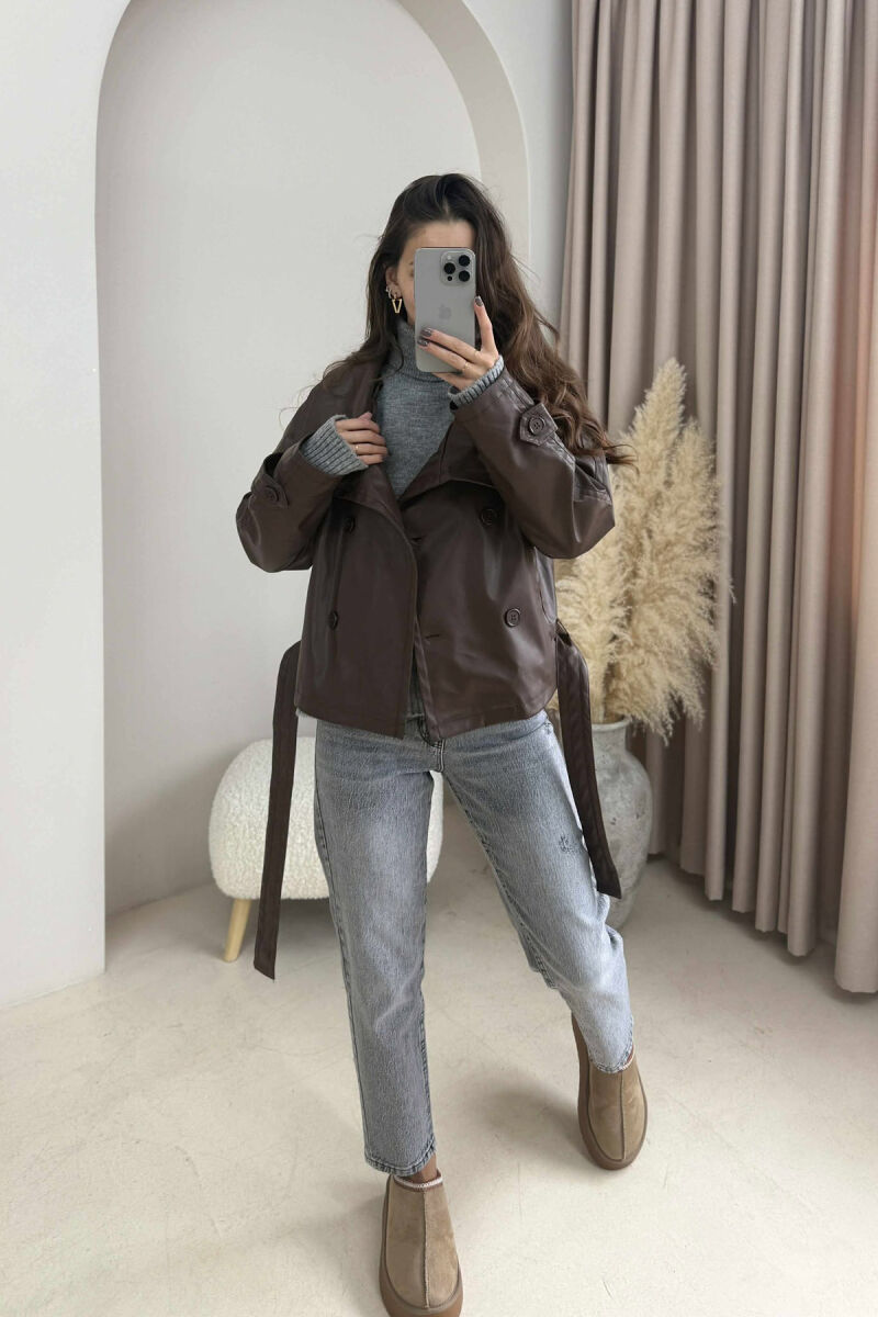 ONE COLOR LEATHER LACING WOMEN JACKET BROWN/KAFE - 6