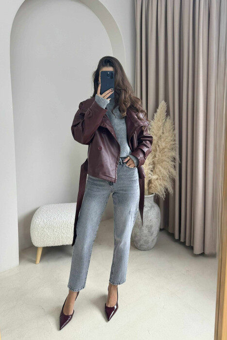 ONE COLOR LEATHER LACING WOMEN JACKET BURGUNDY/VISHNJE 