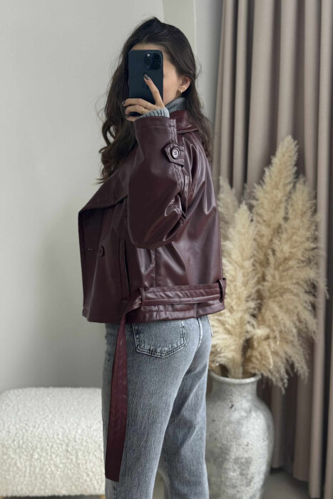 ONE COLOR LEATHER LACING WOMEN JACKET BURGUNDY/VISHNJE - 3