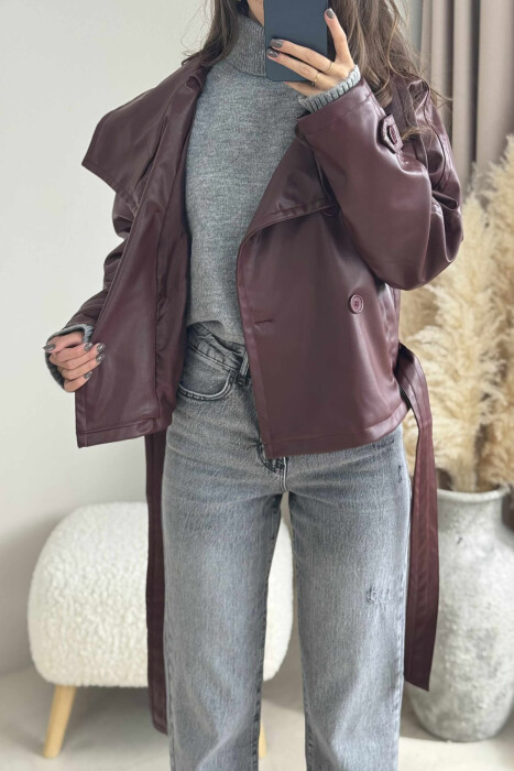 ONE COLOR LEATHER LACING WOMEN JACKET BURGUNDY/VISHNJE - 4