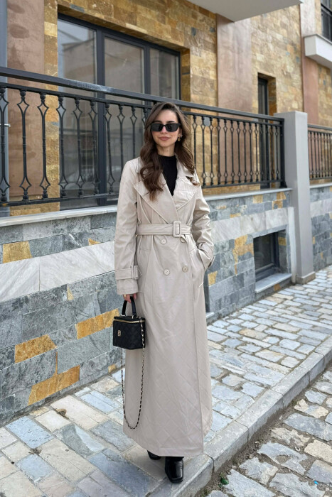 ONE COLOR LEATHER LONG WOMEN TRENCH COAT BEIGE/BEZHE - 1