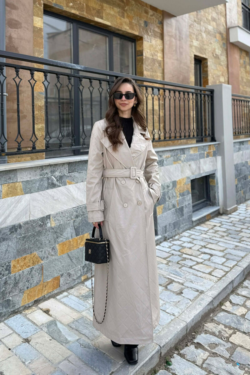 ONE COLOR LEATHER LONG WOMEN TRENCH COAT BEIGE/BEZHE - 1