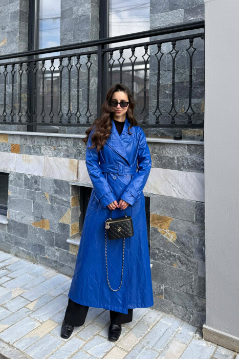 ONE COLOR LEATHER LONG WOMEN TRENCH COAT BLUE/BLU 