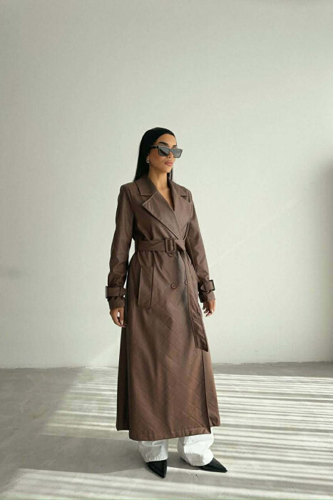 ONE COLOR LEATHER LONG WOMEN TRENCH COAT BROWN/KAFE 
