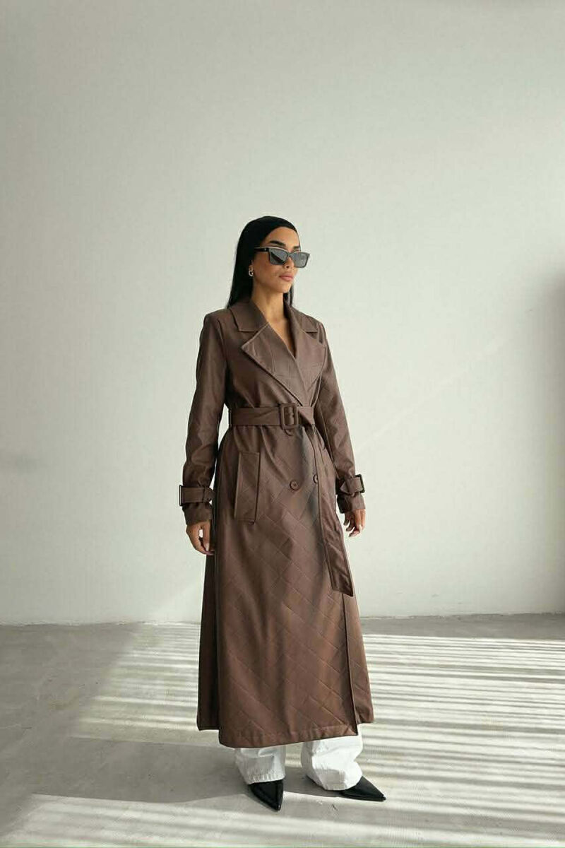ONE COLOR LEATHER LONG WOMEN TRENCH COAT BROWN/KAFE - 1