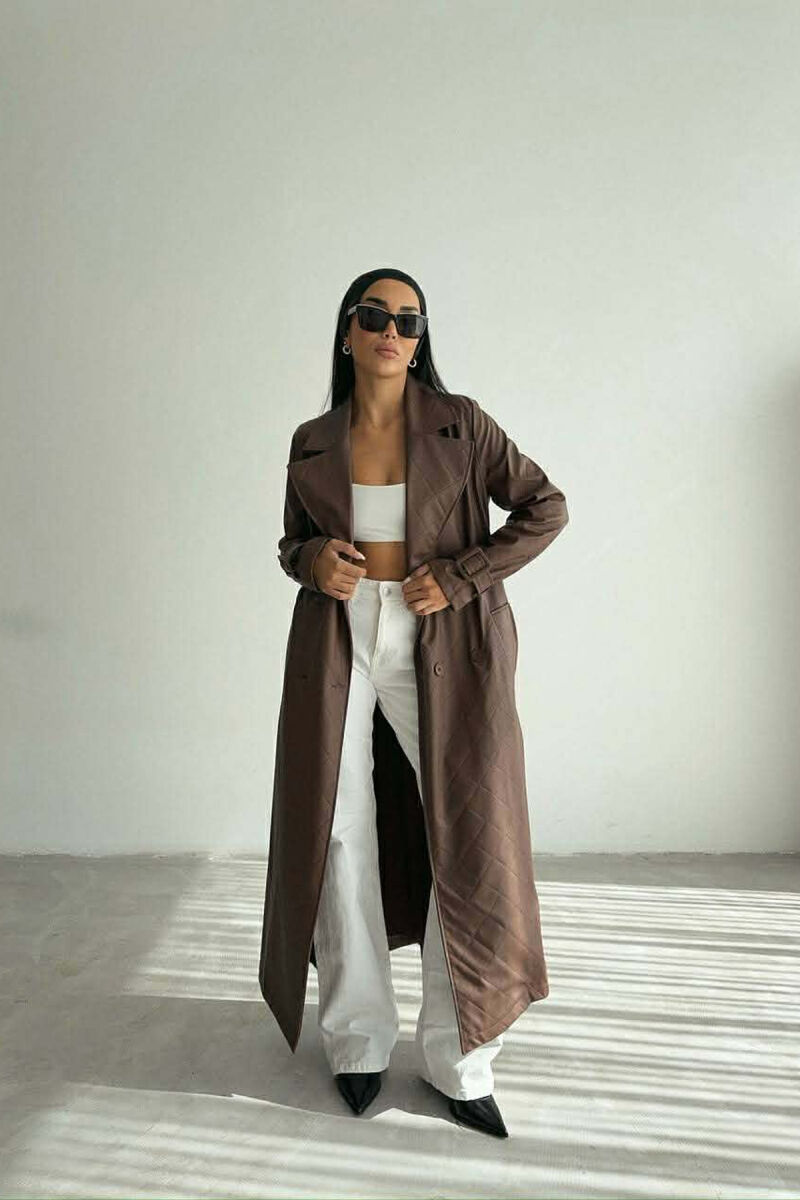 ONE COLOR LEATHER LONG WOMEN TRENCH COAT BROWN/KAFE - 2