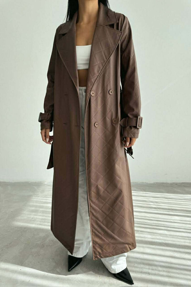 ONE COLOR LEATHER LONG WOMEN TRENCH COAT BROWN/KAFE - 3