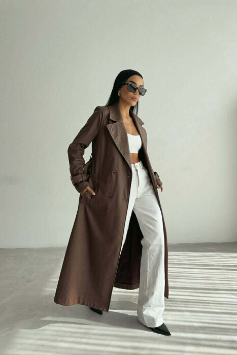 ONE COLOR LEATHER LONG WOMEN TRENCH COAT BROWN/KAFE - 4