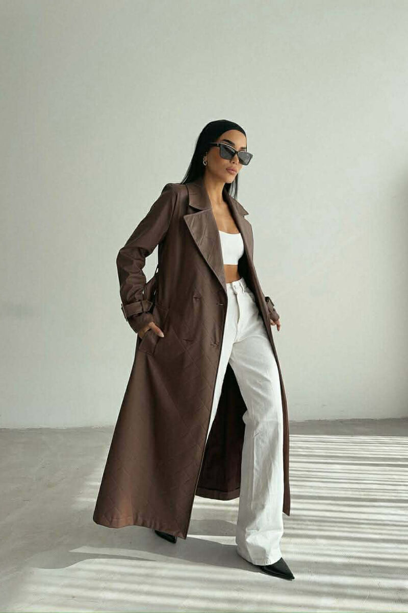 ONE COLOR LEATHER LONG WOMEN TRENCH COAT BROWN/KAFE - 4