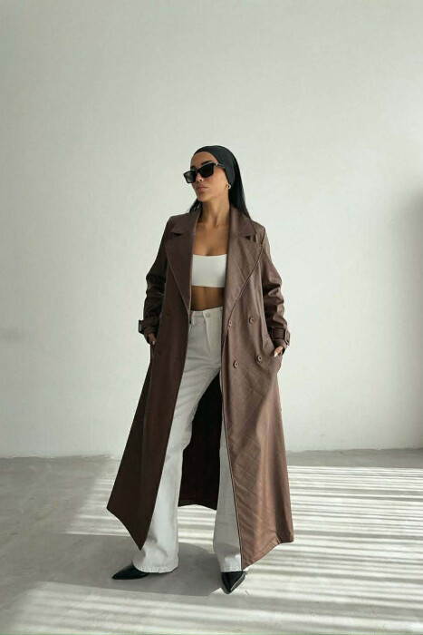 ONE COLOR LEATHER LONG WOMEN TRENCH COAT BROWN/KAFE - 6