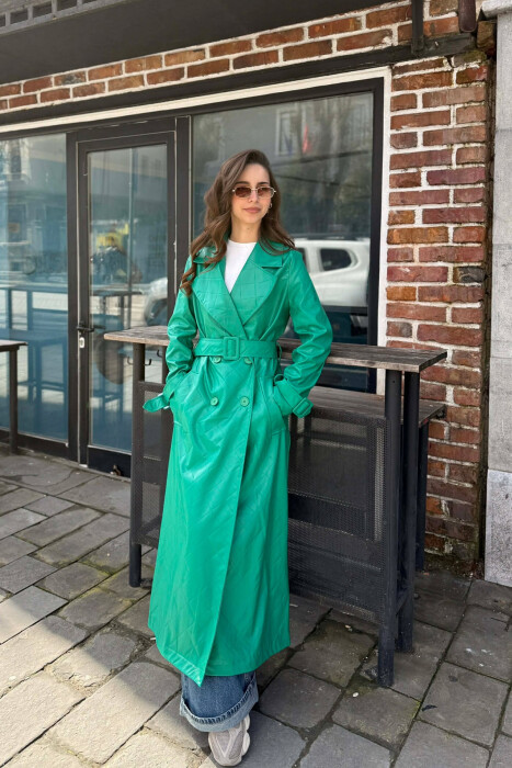 ONE COLOR LEATHER LONG WOMEN TRENCH COAT GREEN/JESHILE 
