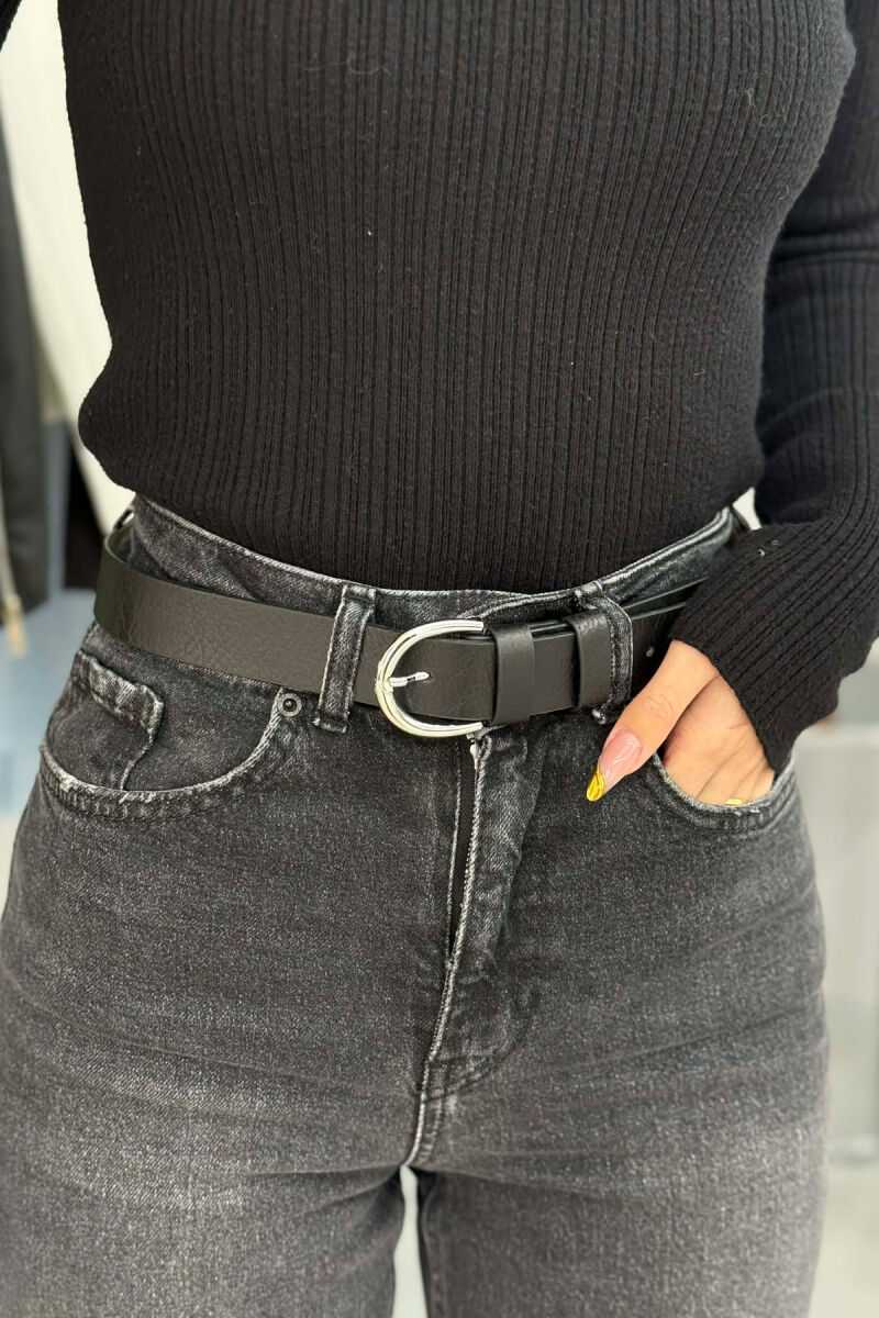 ONE COLOR LEATHER SIMPLE BUCKLE WOMEN BELT BLACK+SILVER/ZEZE+ARGJEND - 1