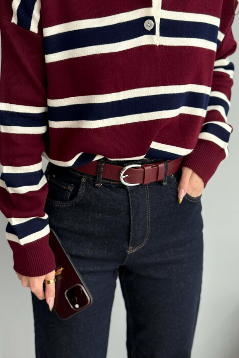 ONE COLOR LEATHER SIMPLE BUCKLE WOMEN BELT BURGUNDY/VISHNJE - 2