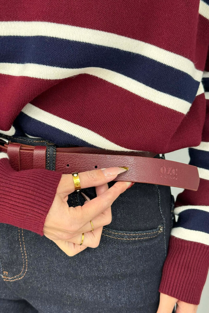 ONE COLOR LEATHER SIMPLE BUCKLE WOMEN BELT BURGUNDY/VISHNJE - 3