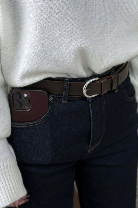 ONE COLOR LEATHER SIMPLE BUCKLE WOMEN BELT DARK BROWN/KAE 