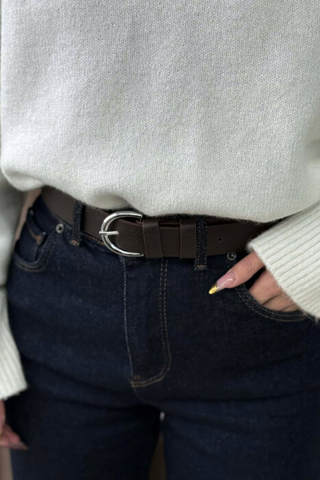 ONE COLOR LEATHER SIMPLE BUCKLE WOMEN BELT DARK BROWN/KAE - 2