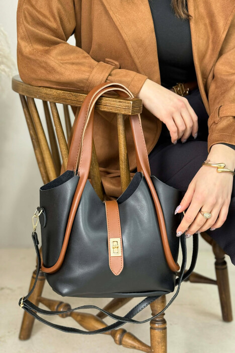 ONE COLOR LEATHER SIMPLE WOMEN BAG BLACK-BROWN/ZEKA 
