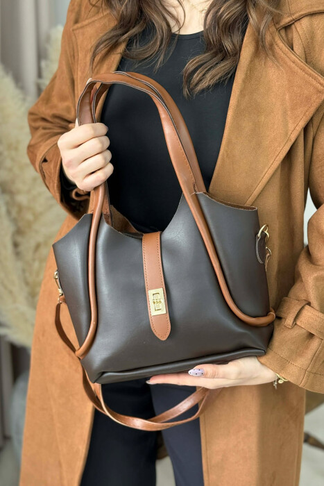 ONE COLOR LEATHER SIMPLE WOMEN BAG BROWN/KAFE - 3
