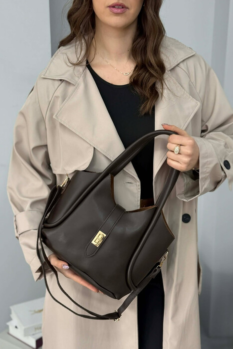 ONE COLOR LEATHER SIMPLE WOMEN BAG DARK BROWN/KAE 