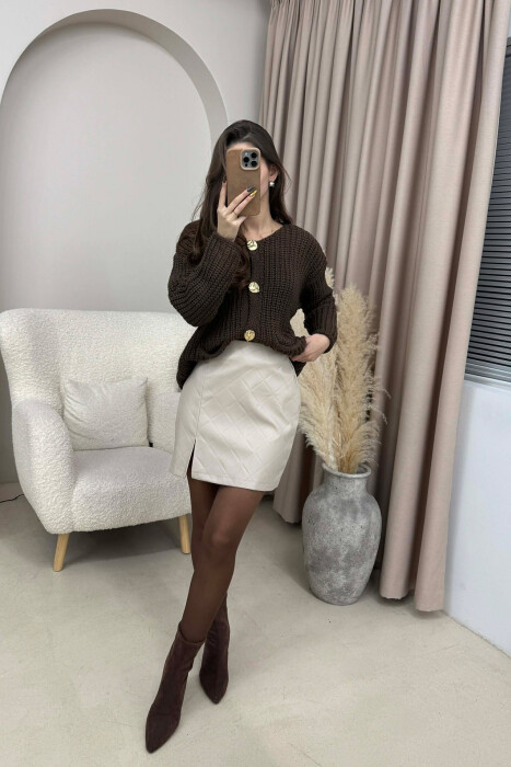 ONE COLOR LEATHER SIMPLE WOMEN SKIRT BEIGE/BEZHE - 3