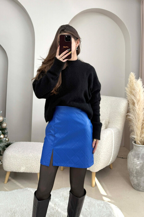 ONE COLOR LEATHER SIMPLE WOMEN SKIRT BLUE/BLU - 4