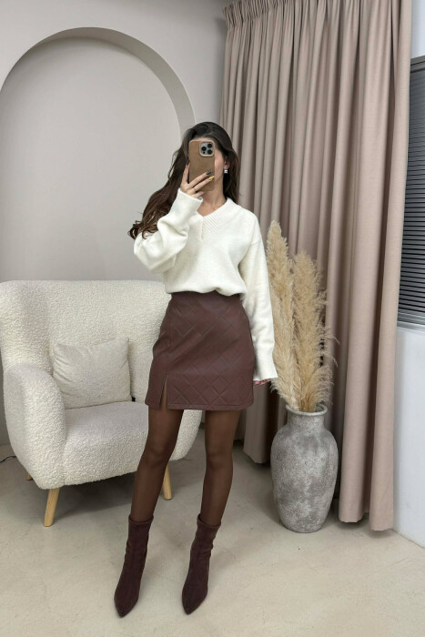 ONE COLOR LEATHER SIMPLE WOMEN SKIRT BROWN/KAFE - 2