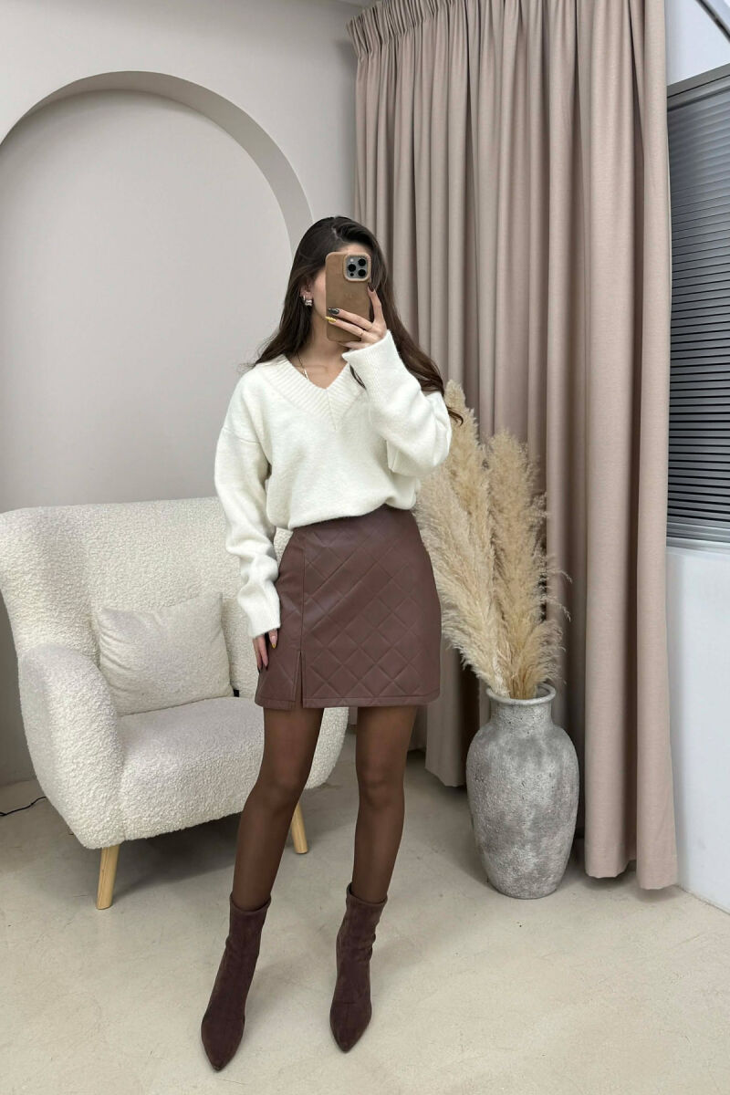 ONE COLOR LEATHER SIMPLE WOMEN SKIRT BROWN/KAFE - 3