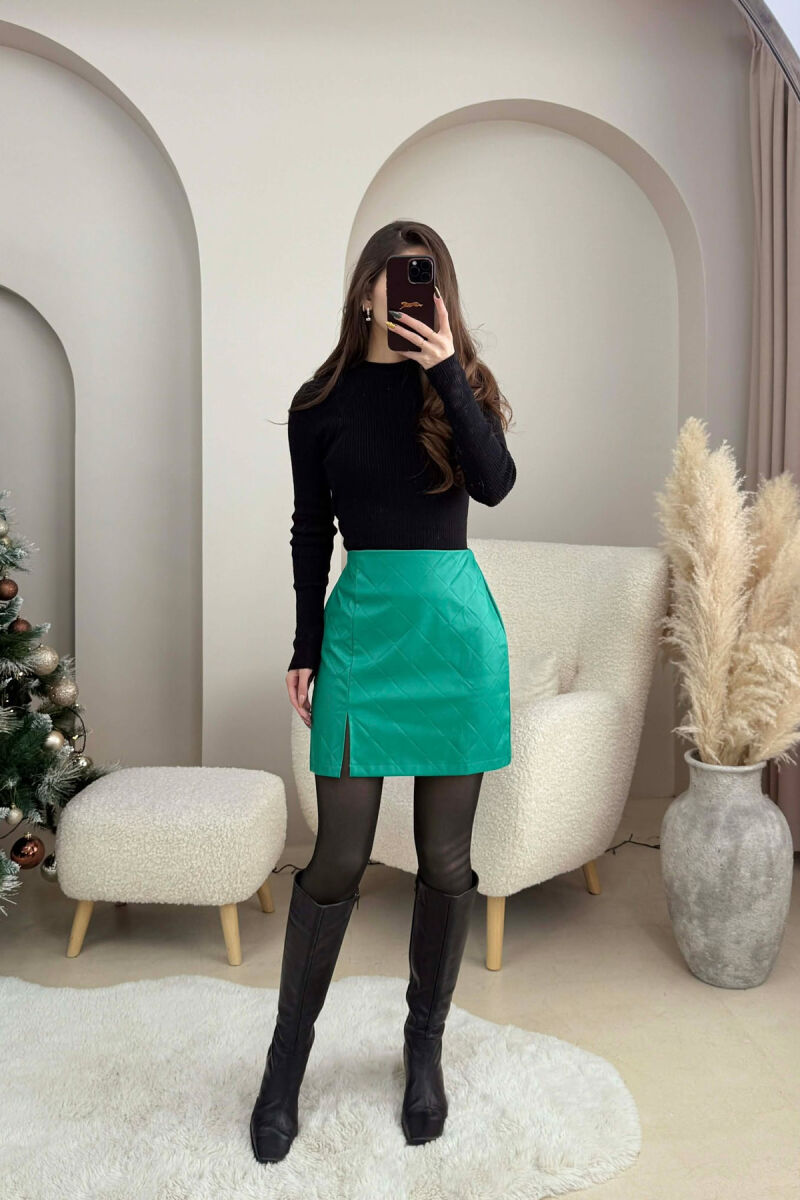 ONE COLOR LEATHER SIMPLE WOMEN SKIRT GREEN/JESHILE - 2