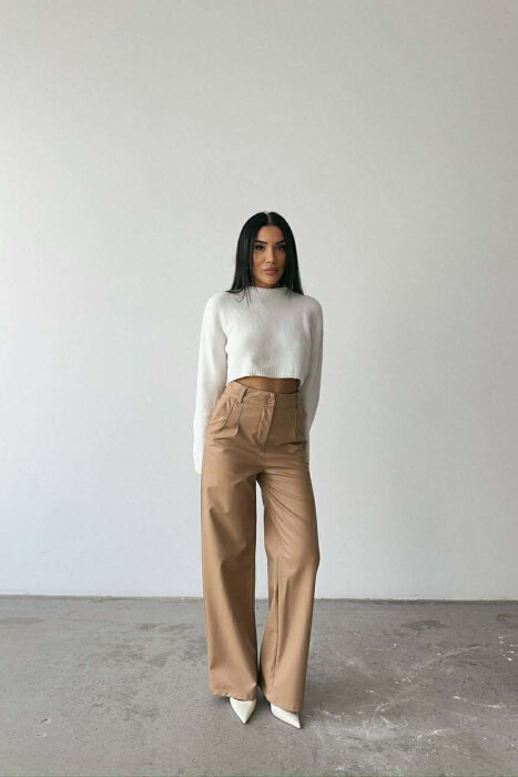 ONE COLOR LEATHER WIDE LEG WOMEN TROUSERS BEIGE/BEZHE - 2