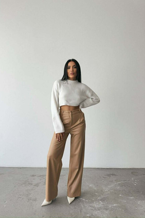 ONE COLOR LEATHER WIDE LEG WOMEN TROUSERS BEIGE/BEZHE - 3